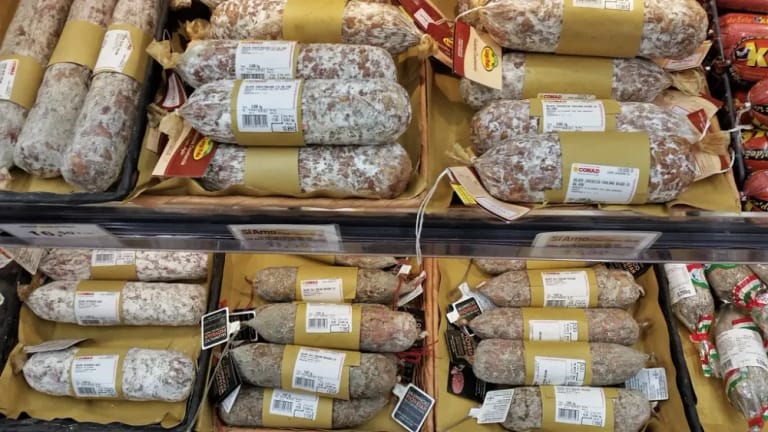 Cured salami in a deli display