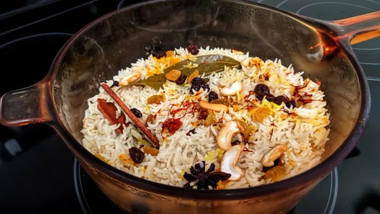 Pot of spiced biryani rice